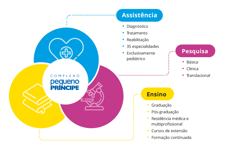 Infográfico de serviços prestados pelo Complexo Pequeno Príncipe, sendo eles: Assistência, Pesquisa e Ensino.